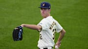 Jul 8, 2025; Milwaukee, Wisconsin, USA;  Milwaukee Brewers pitcher Jacob Misiorowski (32) during warmups prior to the game against the Los Angeles Dodgers at American Family Field. Mandatory Credit: Jeff Hanisch-Imagn Images