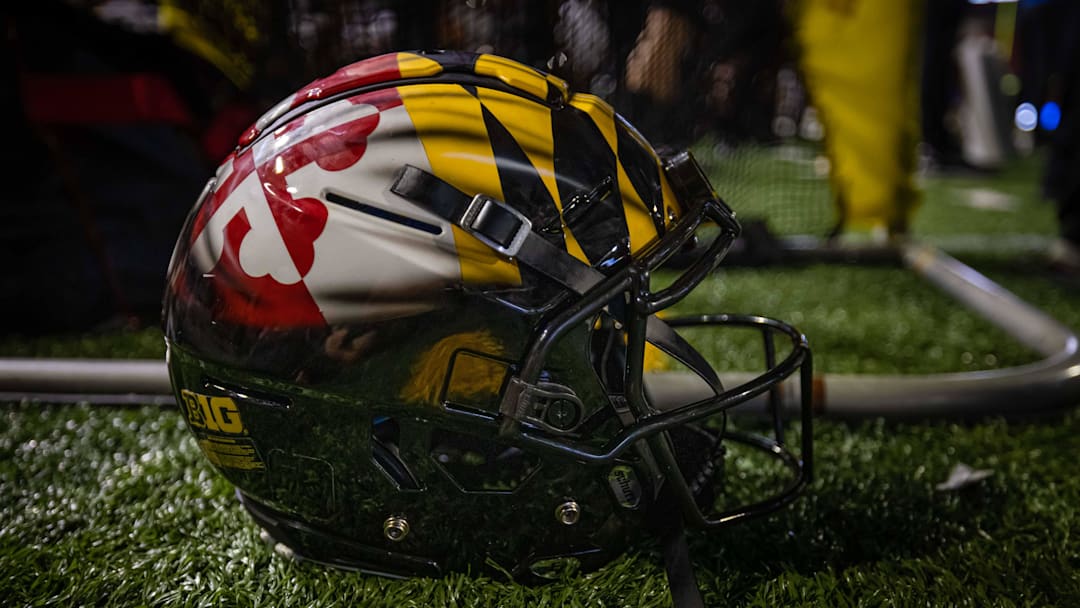 A detailed view of a Maryland Terrapins helmet. Mandatory Credit: Scott Taetsch-Imagn Images