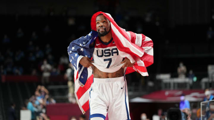 Aug 7, 2021; Saitama, Japan; USA player Kevin Durant (7) reacts after winning the gold medal game during the Tokyo 2020 Olympic Summer Games at Saitama Super Arena. Mandatory Credit: Kyle Terada-USA TODAY Sports