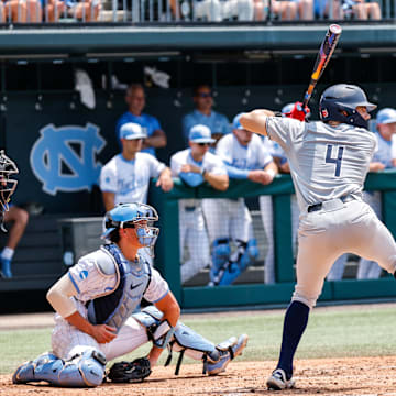 Jun 8, 2025; Chapel Hill, NC, USA; Arizona outfielder Brendan Summerhill (4) prepares to hit the ball  during the first inning of the Super Regionals game against North Carolina in Chapel Hill, North Carolina. Mandatory Credit: Jaylynn Nash-Imagn Images