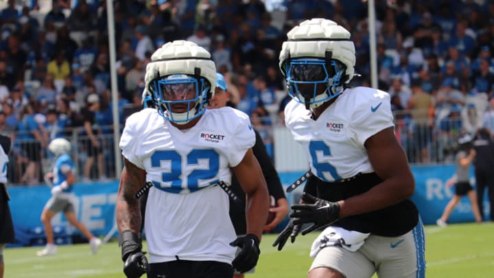 Detroit Lions defensive backs Brian Branch (32) and Ifeatu Melifonwu (6) 