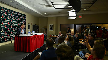 Aug 1, 2023; St. Louis, Missouri, USA;  St. Louis Cardinals president of baseball operations John Mozeliak talks with the media after the Cardinals traded shortstop Paul DeJong (11) and starting pitcher Jack Flaherty (22) before a game against the Minnesota Twins at Busch Stadium. Mandatory Credit: Jeff Curry-Imagn Images