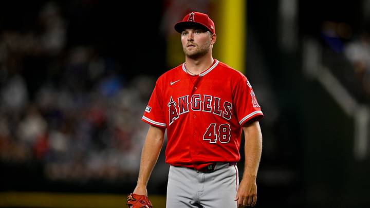Arlington, Texas, USA; Los Angeles Angels starting pitcher Reid Detmers (48) comes off the field after he pitches against the Texas Rangers during the third inning at Globe Life Field. Mandatory Credit: Jerome Miron-Imagn Images