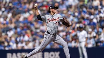 Jul 20, 2024; Toronto, Ontario, CAN; Detroit Tigers pitcher Reese Olson (45) pitches to the Toronto Blue Jays during the first inning at Rogers Centre. 