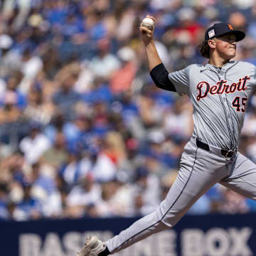 Jul 20, 2024; Toronto, Ontario, CAN; Detroit Tigers pitcher Reese Olson (45) pitches to the Toronto Blue Jays during the first inning at Rogers Centre. 