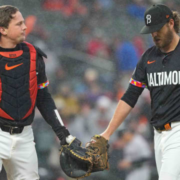 May 10, 2024; Baltimore, Maryland, USA; Baltimore Orioles pitcher Cole Irvin (right) greeted by catcher Adley Rutschman (left) at the end of the second inning against the Arizona Diamondbacks at Oriole Park at Camden Yard
