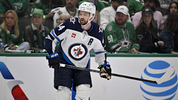 May 11, 2025; Dallas, Texas, USA; Winnipeg Jets defenseman Josh Morrissey (44) in action during the game between the Dallas Stars and the Winnipeg Jets in game three of the second round of the 2025 Stanley Cup Playoffs at American Airlines Center. Mandatory Credit: Jerome Miron-Imagn Images
