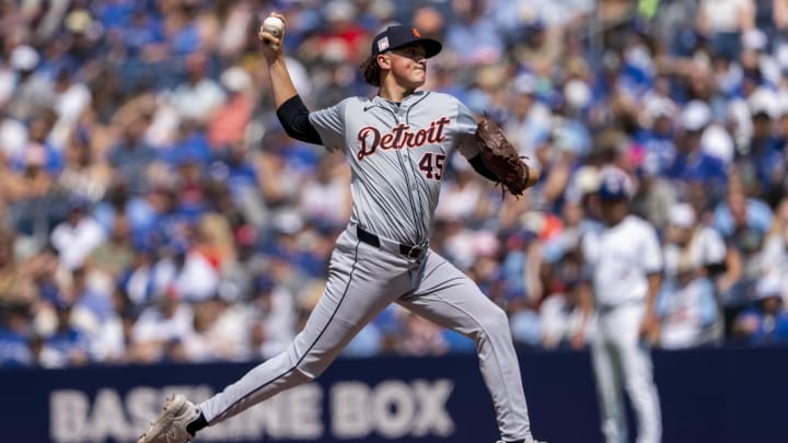 Jul 20, 2024; Toronto, Ontario, CAN; Detroit Tigers pitcher Reese Olson (45) pitches to the Toronto Blue Jays during the first inning at Rogers Centre.