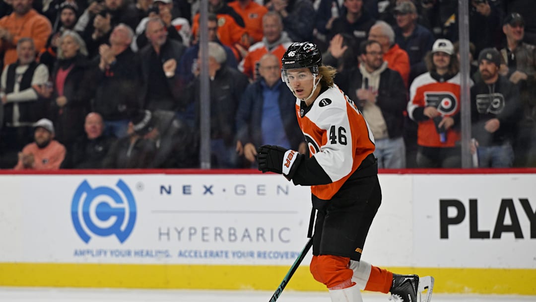 Dec 11, 2025; Philadelphia, Pennsylvania, USA; Philadelphia Flyers center Trevor Zegras (46) celebrates his goal against the Vegas Golden Knights during the first period at Xfinity Mobile Arena. Mandatory Credit: Eric Hartline-Imagn Images Dec 11, 2025; Philadelphia, Pennsylvania, USA; Philadelphia Flyers center Trevor Zegras (46) celebrates his goal against the Vegas Golden Knights during the first period at Xfinity Mobile Arena. Mandatory Credit: Eric Hartline-Imagn Images