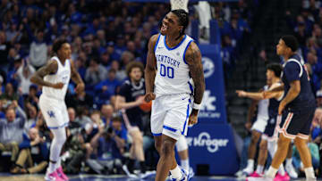Nov 22, 2024; Lexington, Kentucky, USA; Kentucky Wildcats guard Otega Oweh (00) celebrates during the first half against the Jackson State Tigers at Rupp Arena at Central Bank Center. Mandatory Credit: Jordan Prather-Imagn Images