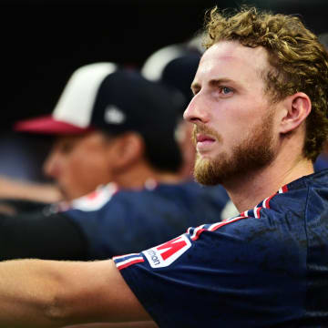 Jul 19, 2024; Cleveland, Ohio, USA; Cleveland Guardians starting pitcher Tanner Bibee (28) watches from the dugout during the sixth inning against the San Diego Padres at Progressive Field. Mandatory Credit: Ken Blaze-USA TODAY Sports