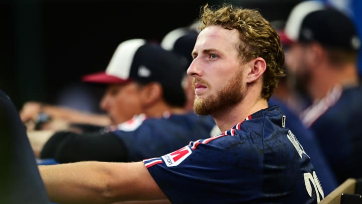 Jul 19, 2024; Cleveland, Ohio, USA; Cleveland Guardians starting pitcher Tanner Bibee (28) watches from the dugout during the sixth inning against the San Diego Padres at Progressive Field. Mandatory Credit: Ken Blaze-USA TODAY Sports