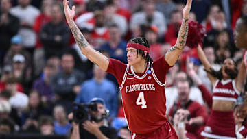 Mar 22, 2025; Providence, RI, USA; Arkansas Razorbacks forward Trevon Brazile (4) reacts after a basket during the second half of a second round men’s NCAA Tournament game against the St. John's Red Storm at Amica Mutual Pavilion. Mandatory Credit: Brian Fluharty-Imagn Images