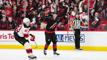 Carolina Hurricanes right wing Andrei Svechnikov against New Jersey Devils in the first round of the 2025 Stanley Cup Playoffs at Lenovo Center
