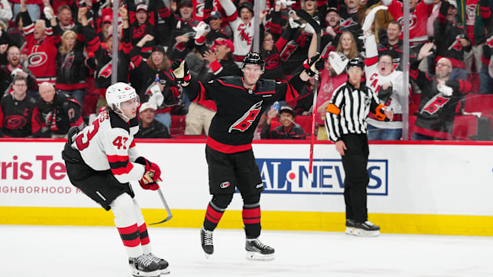 Carolina Hurricanes right wing Andrei Svechnikov against New Jersey Devils in the first round of the 2025 Stanley Cup Playoffs at Lenovo Center