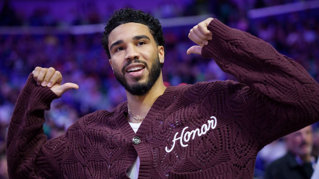 Oct 27, 2025; New Orleans, Louisiana, USA; Boston Celtics forward Jayson Tatum reacts during introductions during a game against the New Orleans Pelicans at Smoothie King Center. Mandatory Credit: Matthew Hinton-Imagn Images