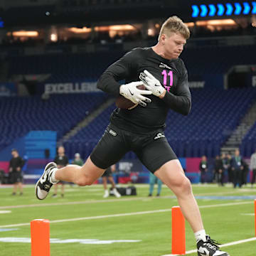 Feb 28, 2025; Indianapolis, IN, USA; Georgia Tech tight end Jackson Hawes (TE11) participates in drills during the 2025 NFL Combine at Lucas Oil Stadium. Mandatory Credit: Kirby Lee-Imagn Images