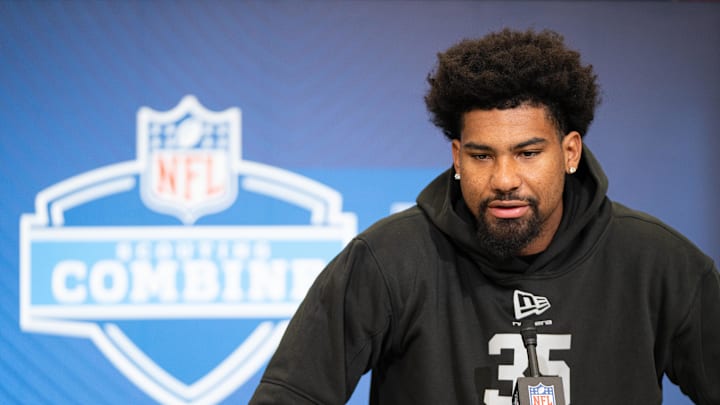 Feb 27, 2026; Indianapolis, IN, USA; Mississippi wideout De'Zhaun Stribling (WO35) speaks to members of the media during the NFL Combine at the Indiana Convention Center. Mandatory Credit: Jacob Musselman-Imagn Images