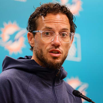 Aug 15, 2024; Miami Gardens, FL, USA; Miami Dolphins head coach Mike McDaniel talks to reporters before joint practice with the Washington Commanders at Baptist Health Training Complex.