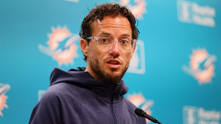 Aug 15, 2024; Miami Gardens, FL, USA; Miami Dolphins head coach Mike McDaniel talks to reporters before joint practice with the Washington Commanders at Baptist Health Training Complex.