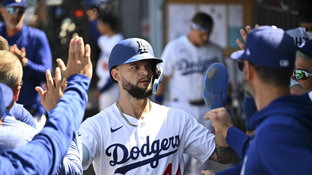 Apr 26, 2026; Los Angeles, California, USA; Los Angeles Dodgers center fielder Andy Pages (44) celebrates in the dugout in the sixth inning against the Chicago Cubs at Dodger Stadium. Mandatory Credit: Jonathan Hui-Imagn Images