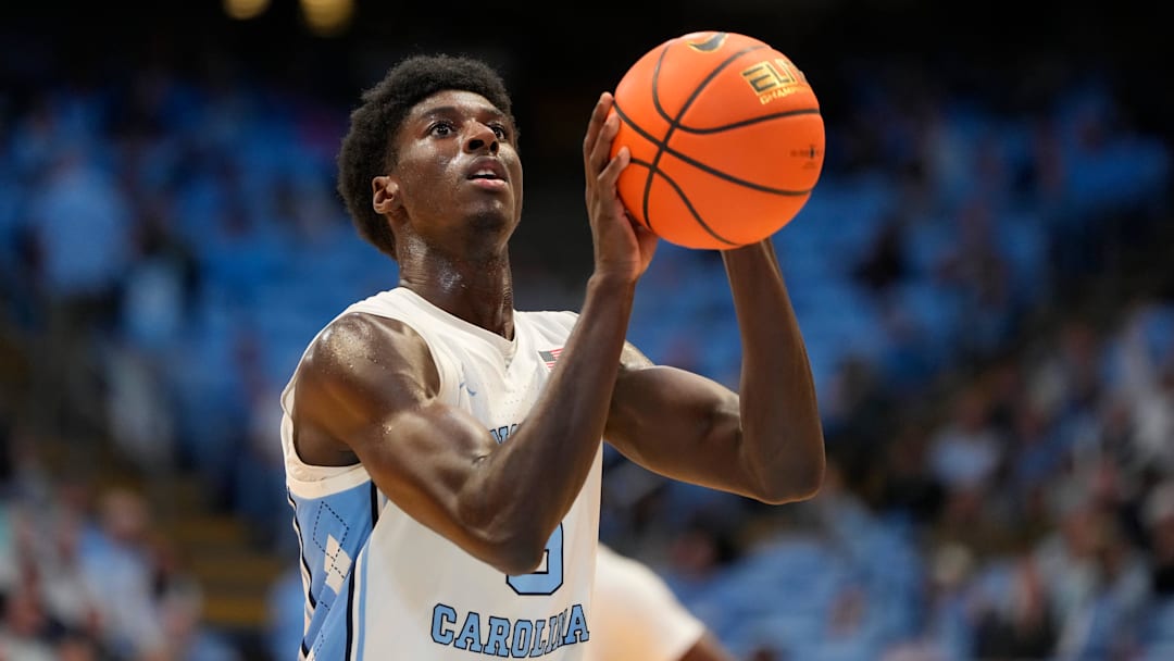 Dec 14, 2024; Chapel Hill, North Carolina, USA; North Carolina Tar Heels guard Drake Powell (9) shoots a free throw in the second half at Dean E. Smith Center. 