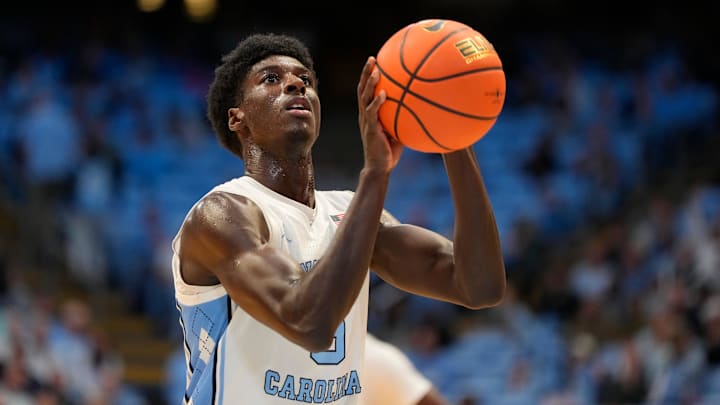 Dec 14, 2024; Chapel Hill, North Carolina, USA; North Carolina Tar Heels guard Drake Powell (9) shoots a free throw in the second half at Dean E. Smith Center. 