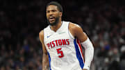 Dec 26, 2024; Sacramento, California, USA; Detroit Pistons guard Malik Beasley (5) reacts after a play against the Sacramento Kings during the third quarter at Golden 1 Center. Mandatory Credit: Kelley L Cox-Imagn Images