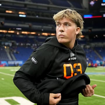 Mississippi quarterback Jaxson Dart (QB03) during the 2025 NFL Combine.