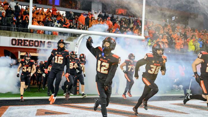 Nov 18, 2023; Corvallis, Oregon, USA; Oregon State Beavers take the field against the Washington Huskies at Reser Stadium. Mandatory Credit: Craig Strobeck-USA TODAY Sports