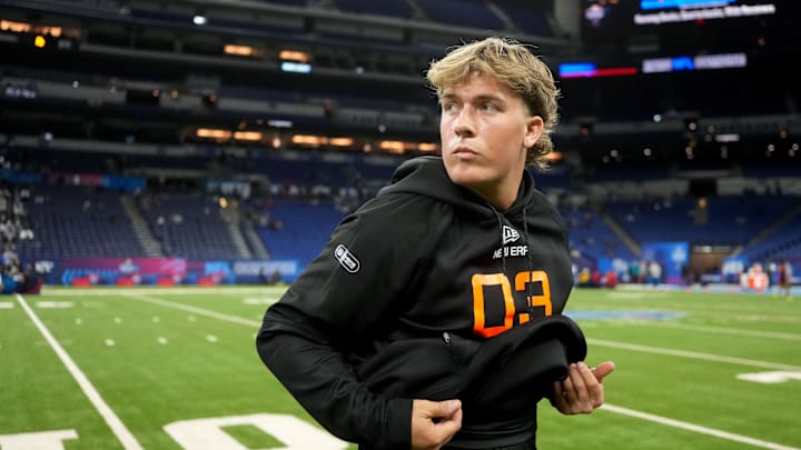 Mississippi quarterback Jaxson Dart (QB03) during the 2025 NFL Combine.