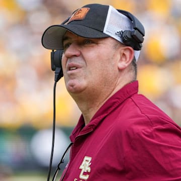Sep 14, 2024; Columbia, Missouri, USA; Boston College Eagles head coach Bill O'Brien watches the replay board against the Missouri Tigers during the first half at Faurot Field at Memorial Stadium. Mandatory Credit: Denny Medley-Imagn Images
