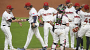 Aug 16, 2025; Cleveland, Ohio, USA; Cleveland Guardians manager Stephen Vogt (12) takes the ball from starting pitcher Slade Cecconi (44) during a pitching change in the fifth inning against the Atlanta Braves at Progressive Field. Mandatory Credit: David Richard-Imagn Images