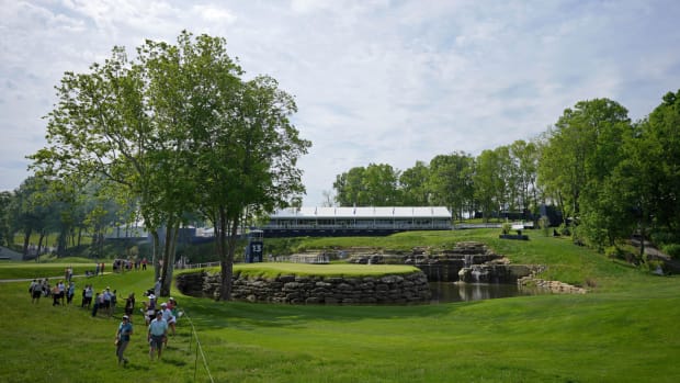 A general view of the 13th hole at Valhalla Golf Club during a practice round for the 2024 PGA Championship.