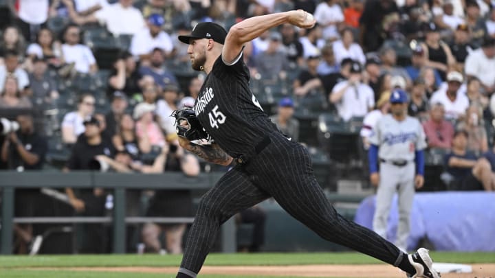 Jun 24, 2024; Chicago, Illinois, USA;  Chicago White Sox pitcher Garrett Crochet (45) delivers against the Los Angeles Dodgers during the first inning at Guaranteed Rate Field. Mandatory Credit: Matt Marton-USA TODAY Sports