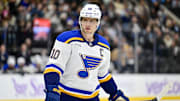 Jan 18, 2025; Salt Lake City, Utah, USA; St. Louis Blues center Brayden Schenn (10) before a face-off against the Utah Hockey Club during first period at the Delta Center. Mandatory Credit: Christopher Creveling-Imagn Images