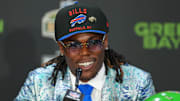 Apr 24, 2025; Green Bay, WI, USA; Maxwell Hairston speaks in a press conference after being selected by the Buffalo Bills. 