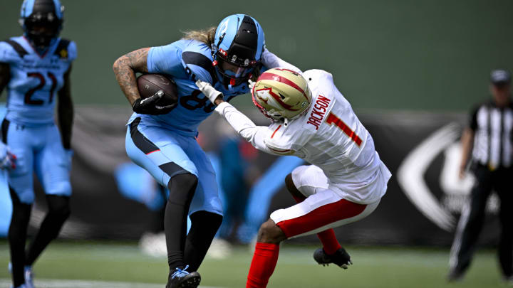 Mar 30, 2024; Arlington, TX, USA; Birmingham Stallions defensive back Chris Jackson (1) tackles Arlington Renegades tight end Sal Cannella (80) during the second half at Choctaw Stadium. Mandatory Credit: Jerome Miron-USA TODAY Sports