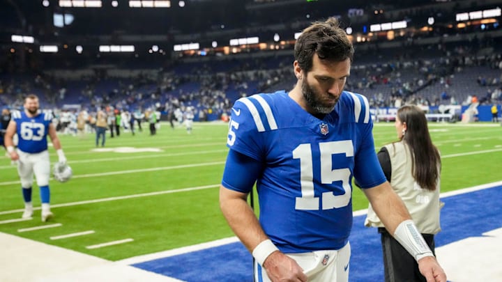 Indianapolis Colts quarterback Joe Flacco (15) leaves the field Sunday, Jan. 5, 2025, after defeating the Jacksonville Jaguars 26-23 in overtime at Lucas Oil Stadium in Indianapolis.