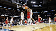 Mar 23, 2025; Cleveland, OH, USA; St. Mary's Gaels center Harry Wessels (1) battles Alabama Crimson Tide center Clifford Omoruyi (11) and forward Mouhamed Dioubate (10) for the ball in the first half  during the NCAA Tournament Second Round at Rocket Arena. Mandatory Credit: Rick Osentoski-Imagn Images