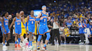 Oklahoma City Thunder guard Alex Caruso reacts after a play against the Indiana Pacers during the 2025 NBA Finals
