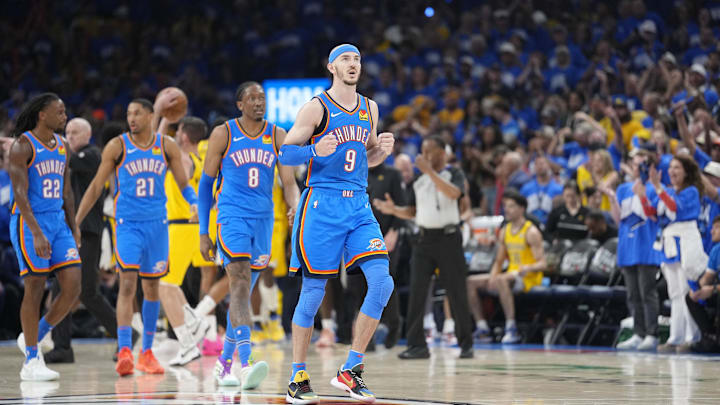 Oklahoma City Thunder guard Alex Caruso reacts after a play against the Indiana Pacers during the 2025 NBA Finals