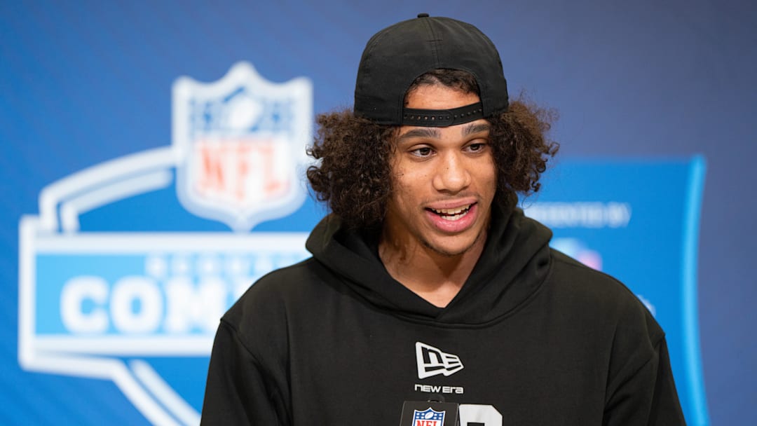 Feb 27, 2026; Indianapolis, IN, USA; Arizona State wideout Jordyn Tyson (WO40) speaks to members of the media during the NFL Combine at the Indiana Convention Center. Mandatory Credit: Jacob Musselman-Imagn Images