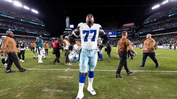 Nov 5, 2023; Philadelphia, Pennsylvania, USA; Dallas Cowboys offensive tackle Tyron Smith (77) looks on after a loss to the Philadelphia Eagles at Lincoln Financial Field. Mandatory Credit: Bill Streicher-USA TODAY Sports