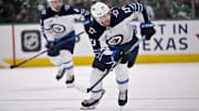 May 11, 2025; Dallas, Texas, USA; Winnipeg Jets center Gabriel Vilardi (13) in action during the game between the Dallas Stars and the Winnipeg Jets in game three of the second round of the 2025 Stanley Cup Playoffs at American Airlines Center. Mandatory Credit: Jerome Miron-Imagn Images