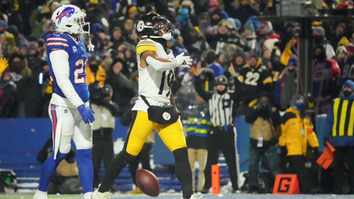 Jan 15, 2024; Orchard Park, New York, USA; Pittsburgh Steelers wide receiver Calvin Austin III (19) celebrates a touchdown in the second half against the Buffalo Bills in a 2024 AFC wild card game at Highmark Stadium. Mandatory Credit: Kirby Lee-USA TODAY Sports
