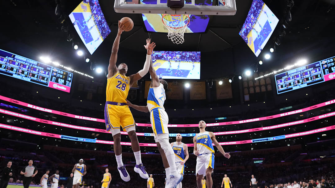 Mar 6, 2026; Los Angeles, California, USA; Los Angeles Lakers forward Rui Hachimura (28) shoots the ball against the Los Angeles Lakers forward LeBron James (23) in the second half at Crypto.com Arena. Mandatory Credit: Kirby Lee-Imagn Images