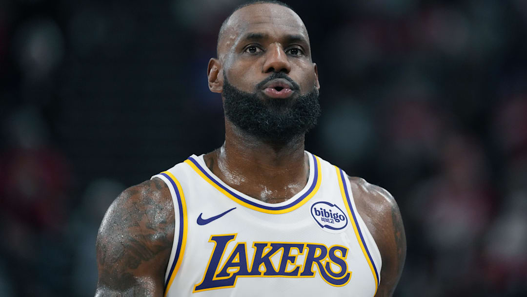Dec 20, 2025; Inglewood, California, USA; Los Angeles Lakers forward Lebron James (23) reacts against the LA Clippers in the second half at Intuit Dome. Mandatory Credit: Kirby Lee-Imagn Images
