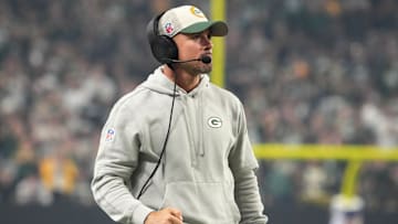 Oct 9, 2023; Paradise, Nevada, USA; Green Bay Packers coach Matt LeFleur reacts against the Las Vegas Raiders in the second half at Allegiant Stadium. Mandatory Credit: Kirby Lee-Imagn Images