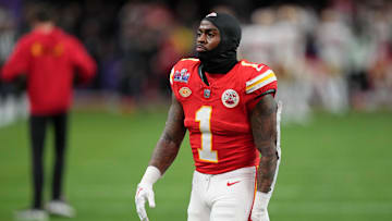 Feb 11, 2024; Paradise, Nevada, USA; Kansas City Chiefs running back Jerick McKinnon (1) warms up before Super Bowl LVIII against the San Francisco 49ers at Allegiant Stadium.